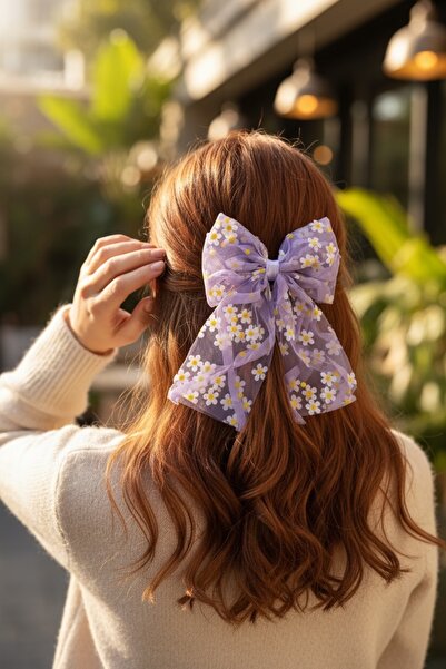 FAYRA ACCESSORIES مشبك فيونكة من قماش التول المزخرف بنقشة الأقحوان، مشبك أوتو...