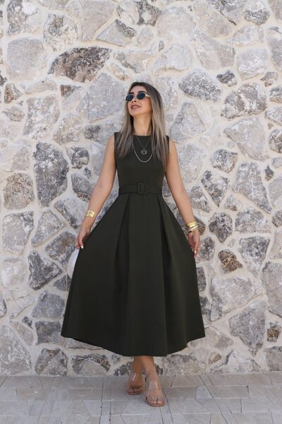 bytugcekaya Khaki Halter Neck Belted Flared Dress