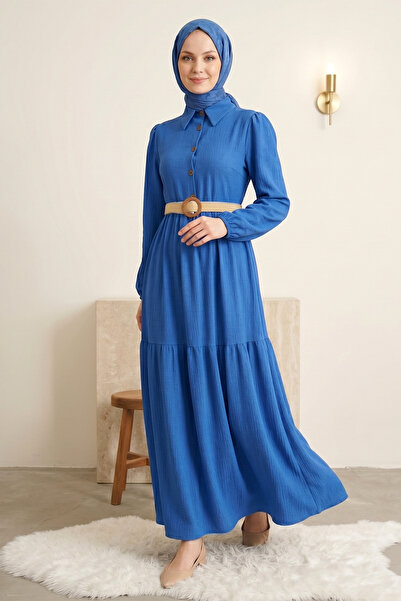 FERHEL Women's Split Semi-Placket Buttoned Belted Dress - Dark Blue