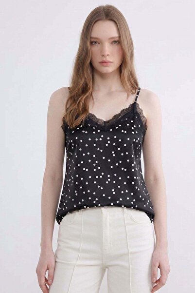 Shopping Shop Polka Dot Patterned Strappy Satin Blouse Black