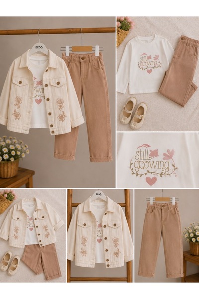 Minik mooda Girl's Floral Embroidered Denim Jacket and Powder Pants Set