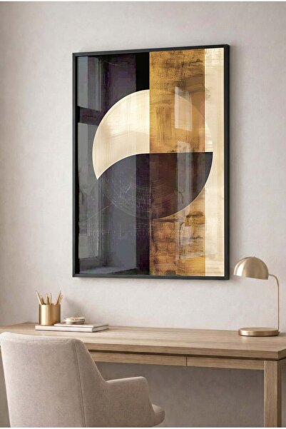 Zevahir Mobilya Dekorasyon Gold and Black Abstract Glass Painting - Black Met...