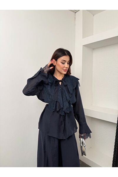 Hatun Atila Lace and Ruffle Detailed Tie-Neck Slim Modal Shirt and Wide-Leg Pants Set 5325