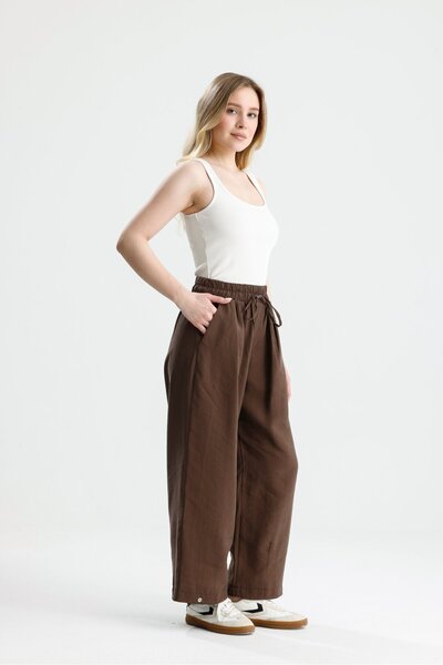 minaaise Pantaloni oversize din țesătură premium maro pentru femei 31085