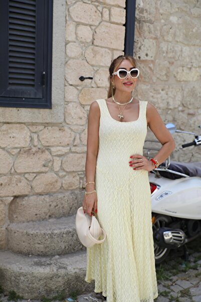 QİMYA BUTİK Buketli̇ Women's Square Collar Sleeveless Lined Long Lace Dress