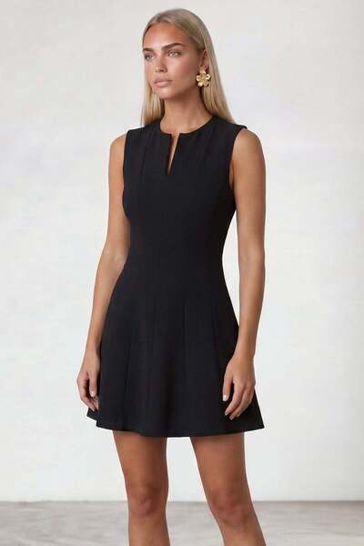 Trend Alaçatı Stili Women's Black Slit Collar Waist-Slit Mini Length Woven Dr...