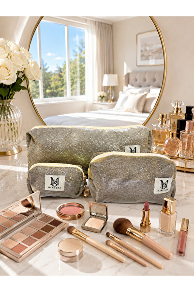 MAKE BAG YENİ GÜMÜŞ SİMLİ 3'LÜ SET MAKYAJ ÇANTASI