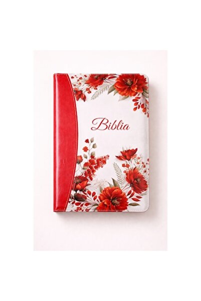 Light Store Biblie mare, piele ecologică, floral roșu, fermoar, index, margin...