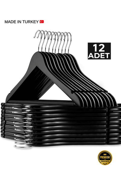 EMRAHOME 12 Adet - Ahşap Görünümlü Plastik Akalite Siyah Elbise Askı