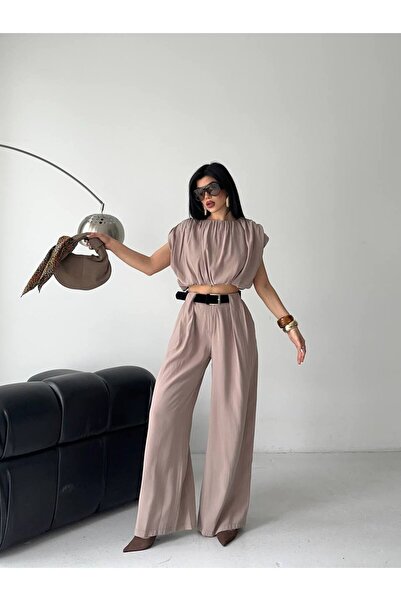 Bella Breeze Women's Padded Crop Blouse and Wide-Leg Pants Two-Piece Set