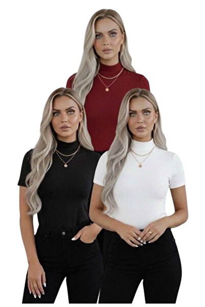 hashtag Kadın 3'lü Viskon Body Yarım Balıkçı Yaka Yarım Kol