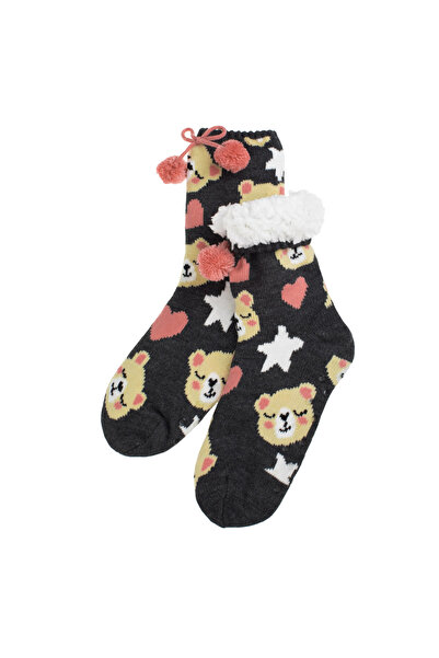 Zumzeria Gray Pink Winter Socks for Women with Teddy Bear Print and Pompon wi...