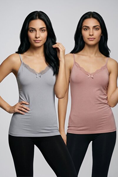fevien 2-Pack Women's Cotton V-Neck Lace Detailed Thin Rope Strap Undershirt ...