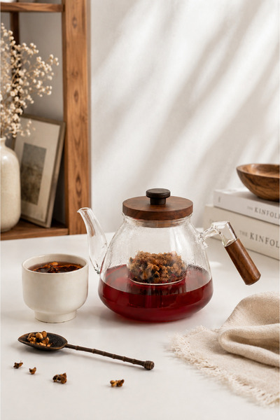 KaiHome Acacia Walnut Handle Detailed Glass Teapot with Strainer 1000 ml Heat...