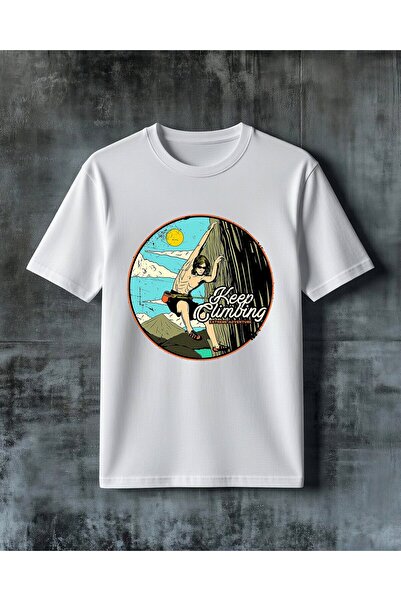 COMVİCHO تي شيرت كبير الحجم مطبوع عليه Keep Climbing Tirmanas