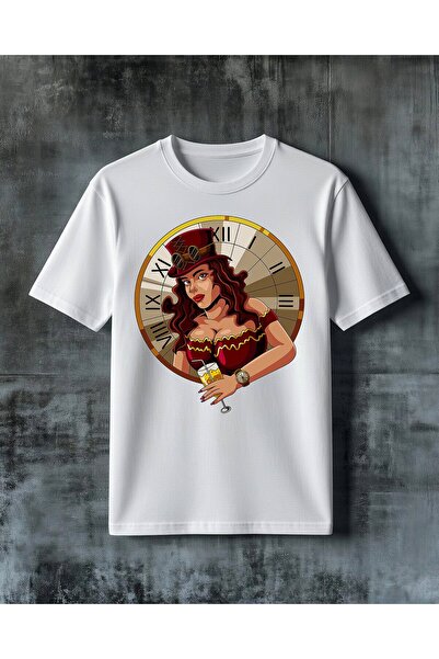 COMVİCHO Steampunk Clock Printed Oversize T-Shirt