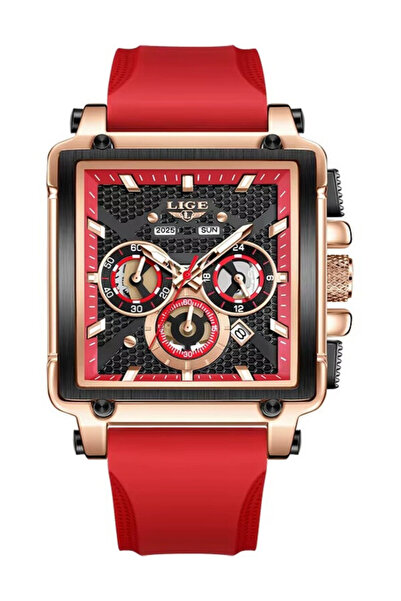 Lige Men's Watch 2025 Square Chronograph Red – Rectangular Dial, Day/Date, Si...