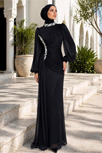 TRENDTESETTÜR KADIN SİYAH DRAPE DETAYLI ABİYE ELBİSE T 9663