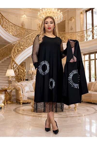 Yeşilmoda طقم فستان نسائي كبير الحجم بقلنسوة مكون من قطعتين وأكمام دانتيل بال...