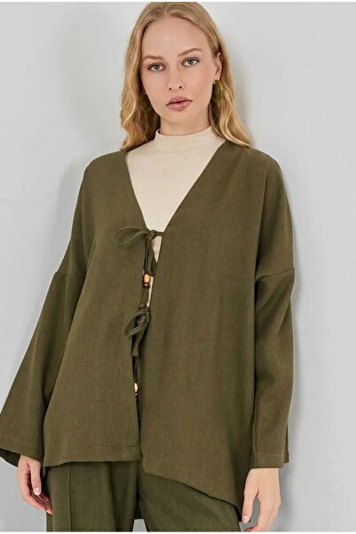 hazelin Women's Khaki Linen Kimono Pants with Tie Detail Double Set Hzl26S-Bd...