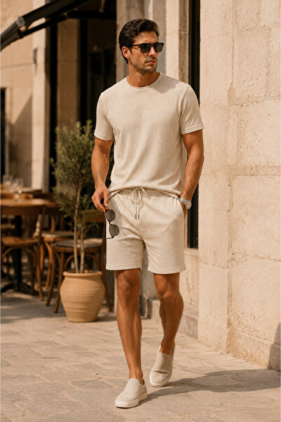 1434 Polo State Men's Cream Beige Striped T-Shirt Shorts Set Twill Summer Set