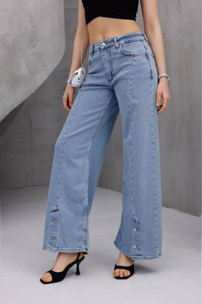 ZDN JEANS Kadın Yüksek Bel Düğme Detaylı Wide Leg Jean Pantolon