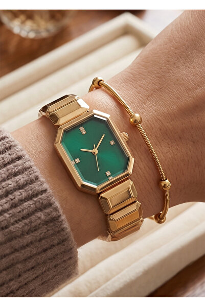 Duke Nickle Women's Gold Metal Cord Green Dial Cornered Wristwatch