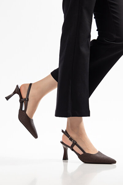 shop Women's Straw Pattern Faux Leather Open Back Pole Pointed Toe Heels