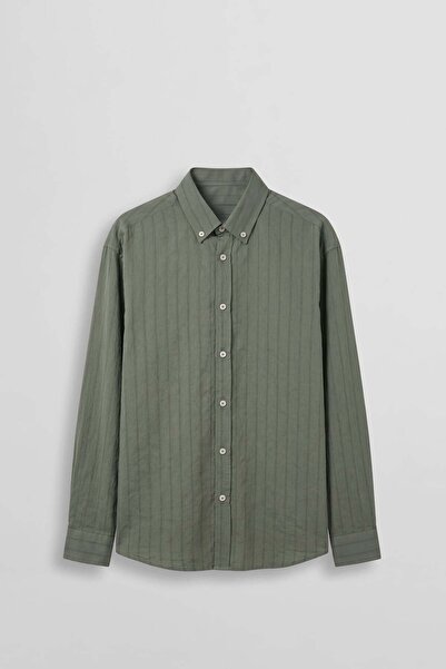 ablukaonline Men's Oversize Textured Striped Long Sleeve Shirt Khaki