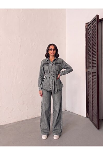 blue wings denım co. Kar Black Belt Detail Double Jacket and Jeans Set