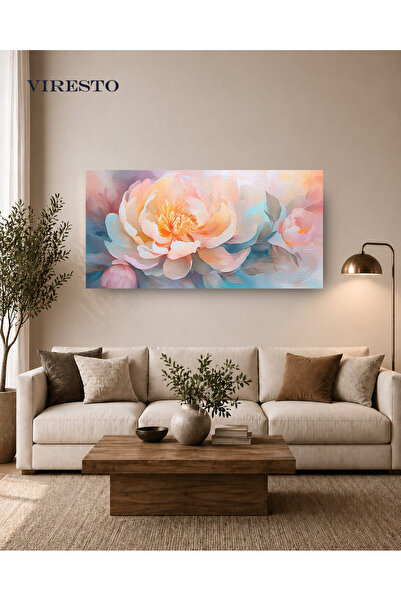 VIRESTO Pastel Şakayık Çiçeği Desenli Modern Panoramik Kanvas Tablo