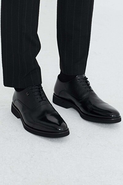 White Stone Black Genuine Leather Lace-Up Men's Classic Shoes