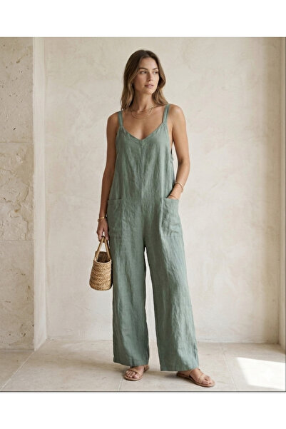 MADE İN ITALY Italian Linen Strap Casual Jumpsuit with Pocket Detail – Sage G...