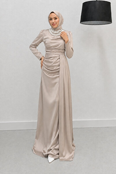 Abiye Diyarı Ravia Pearl Pendant Tail Satin Fabric Hijab Evening Dress