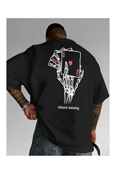 Massgai Tricou unisex Always Winning Skeleton, imprimat manual, supradimensio...