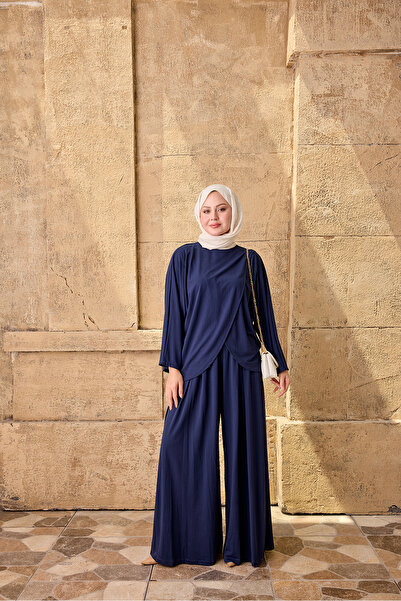 LOCCO Women's Front Detail Trousers Suit Navy Blue