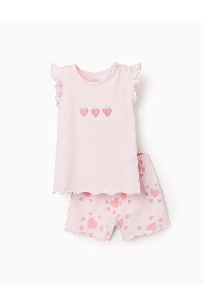 Ziddy Cotton Pyjamas With Heart Prints And Ruffles For Baby Girls Light Pink