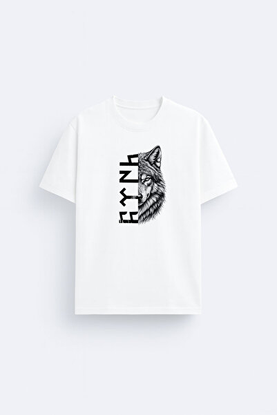 AYDESİGN Tricou alb din țesătură 100% bumbac, cu imprimeu lup, scris în turcă...