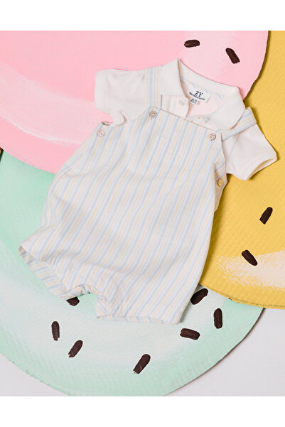 Ziddy Cotton Bodysuit + Striped Dungarees B&S For Newborn Boys White Yellow Blue