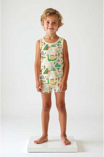 elmas kids Boy's Large Dinosaur Patterned 100% Cotton Athlete Boxer Set