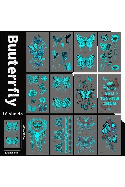 Choice 12 sheets 12 Sheets Butterfly Luminous Temporary Tattoo Blue Glow In t...