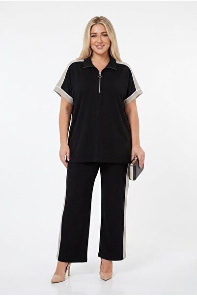 Koza Butik Women's Plus Size Short Sleeve Half Zipper Garnished Tracksuit Set...