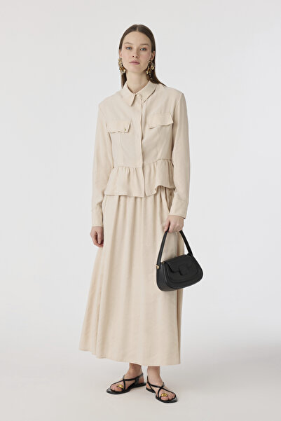 Zühre Pocket Detailed Waist Ruffled Beige Suit 1840