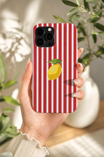 KILIFOLOG iPhone 13 Pro Uyumlu Lansman Silikon Kırmızı Çizgili Limon Desenli ...