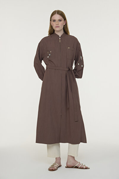 Zühre Zippered Belted Embroidery Detailed Brown Giy Çık 0011