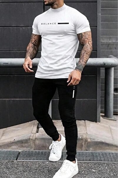NO 601 Men's White Balance Printed Oval Slimfit Tshirt Black Summer Tracksuit...