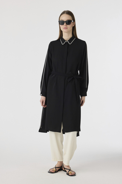 Zühre Piping Collar Belted Flowing Form Black Tunic 1646