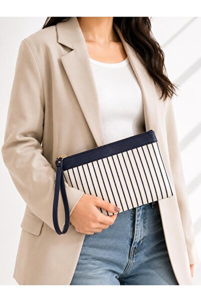 Nexora Collection Navy Blue Color Women's Canvas Clutch Model with Handle