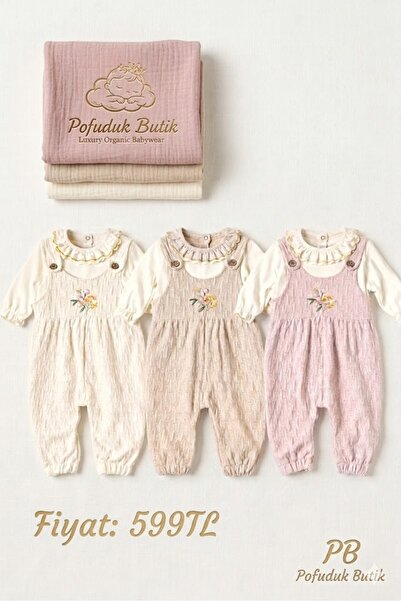 PofudukButik Pofuduk Butik Kız Bebek Çiçek Nakışlı ve Fırfır Detaylı Triko tulum