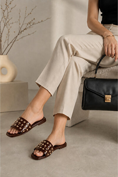 STOCON Glam Women's Brown Slippers with Stones, Flat Slippers, Patent Leather...